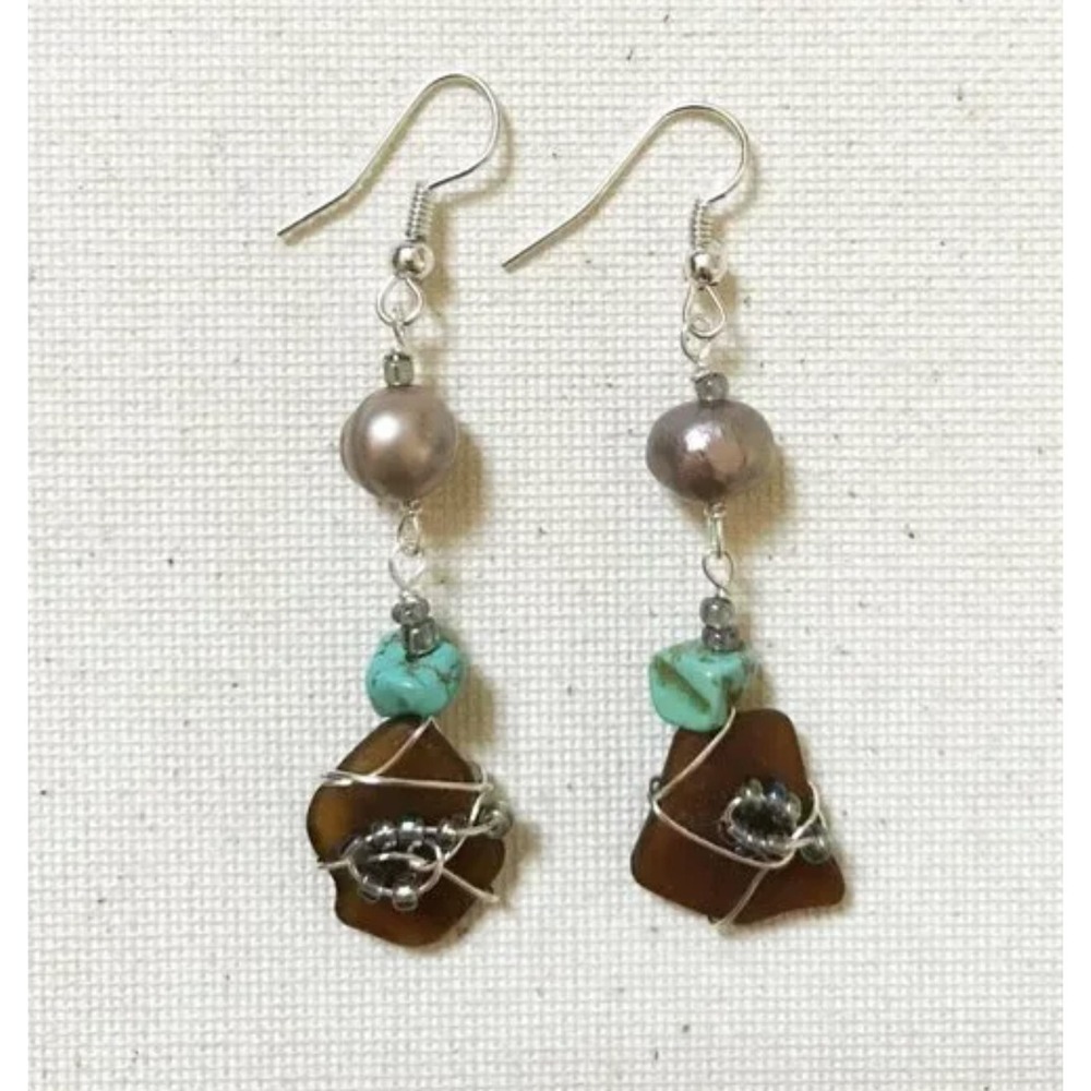 Chocolate Coffee Sea Glass Pink Pearls Turquoise Earrings Bohemian Summer Ocean